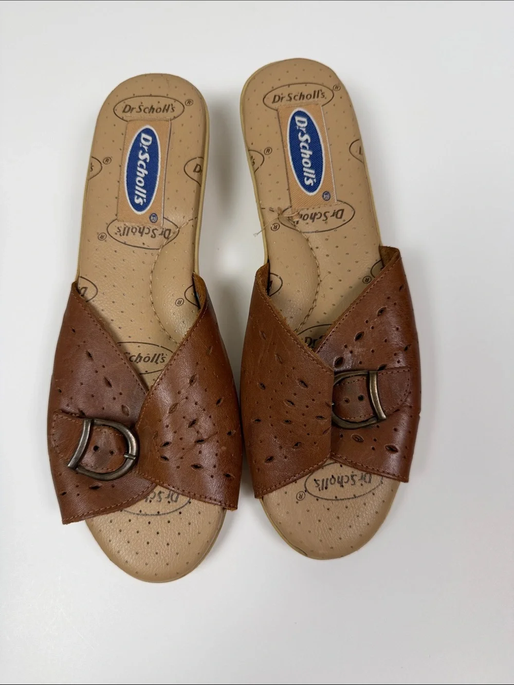 Dr. Scholl’s Brown Leather Sandals Women 8.5 Comfort Buckle Mules Casual Slip On
